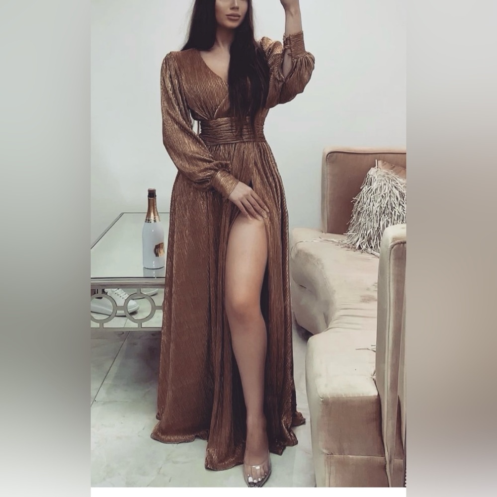 ‘Jasmine' Long Golden Bronze Slit Elegant Gown Size S
